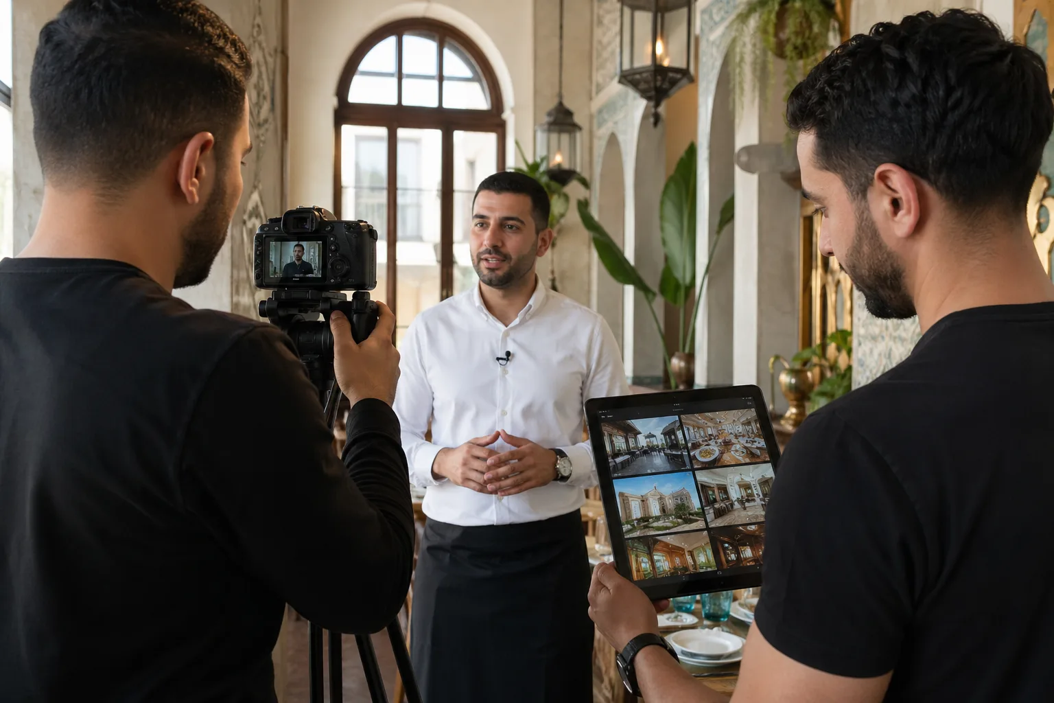 فريق يسجّل متحدثاً حقيقياً بينما زميل يراجع اقتراحات بصرية على جهاز لوحي.