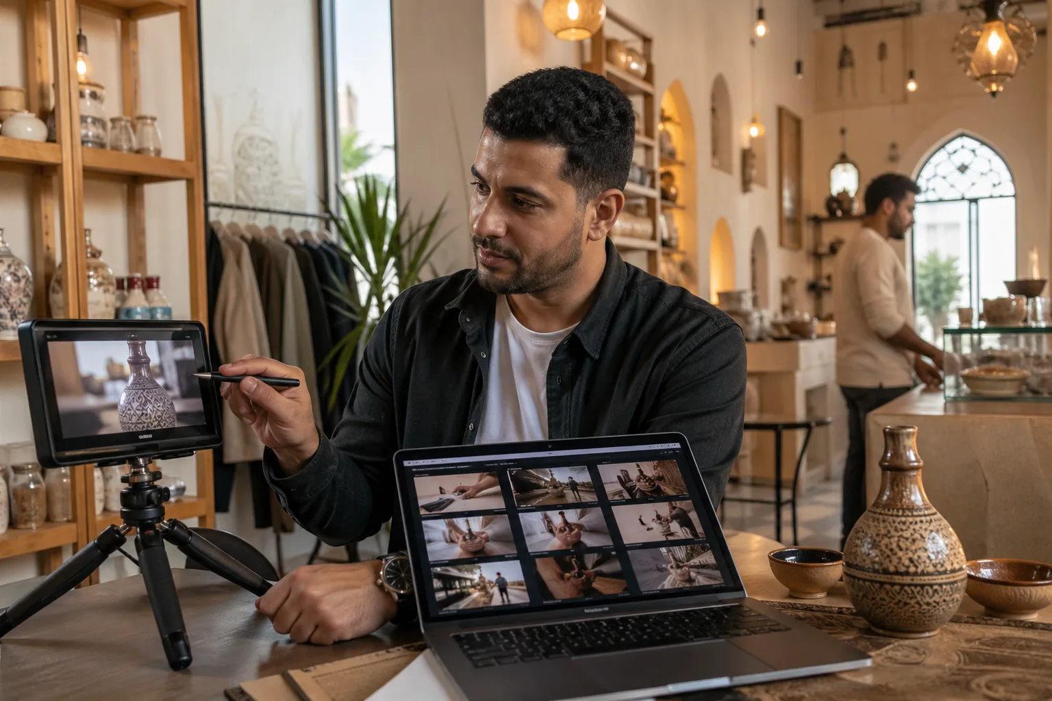 صاحب عمل يقارن لقطات تصوير حقيقية مع لوحة قصص بصرية مدعومة بالذكاء الاصطناعي في بيئة عمل محلية.