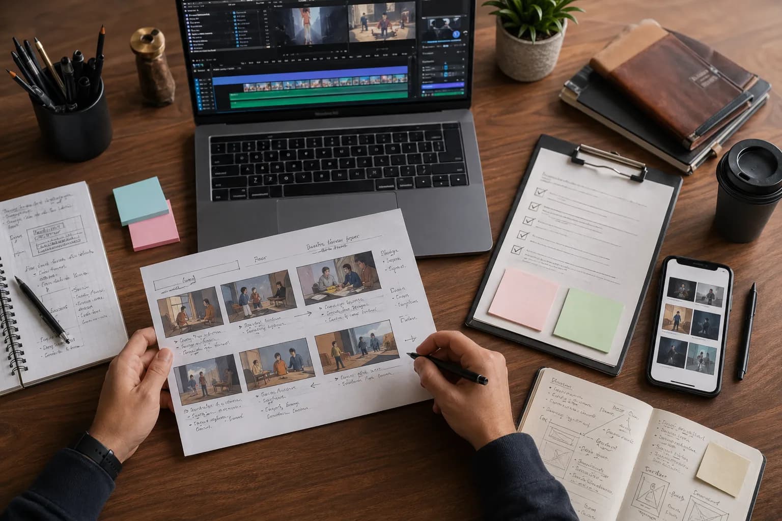 مكتب عمل يعرض لوحة قصص، قائمة موافقات، وخط زمني للمونتاج على لابتوب وهاتف.