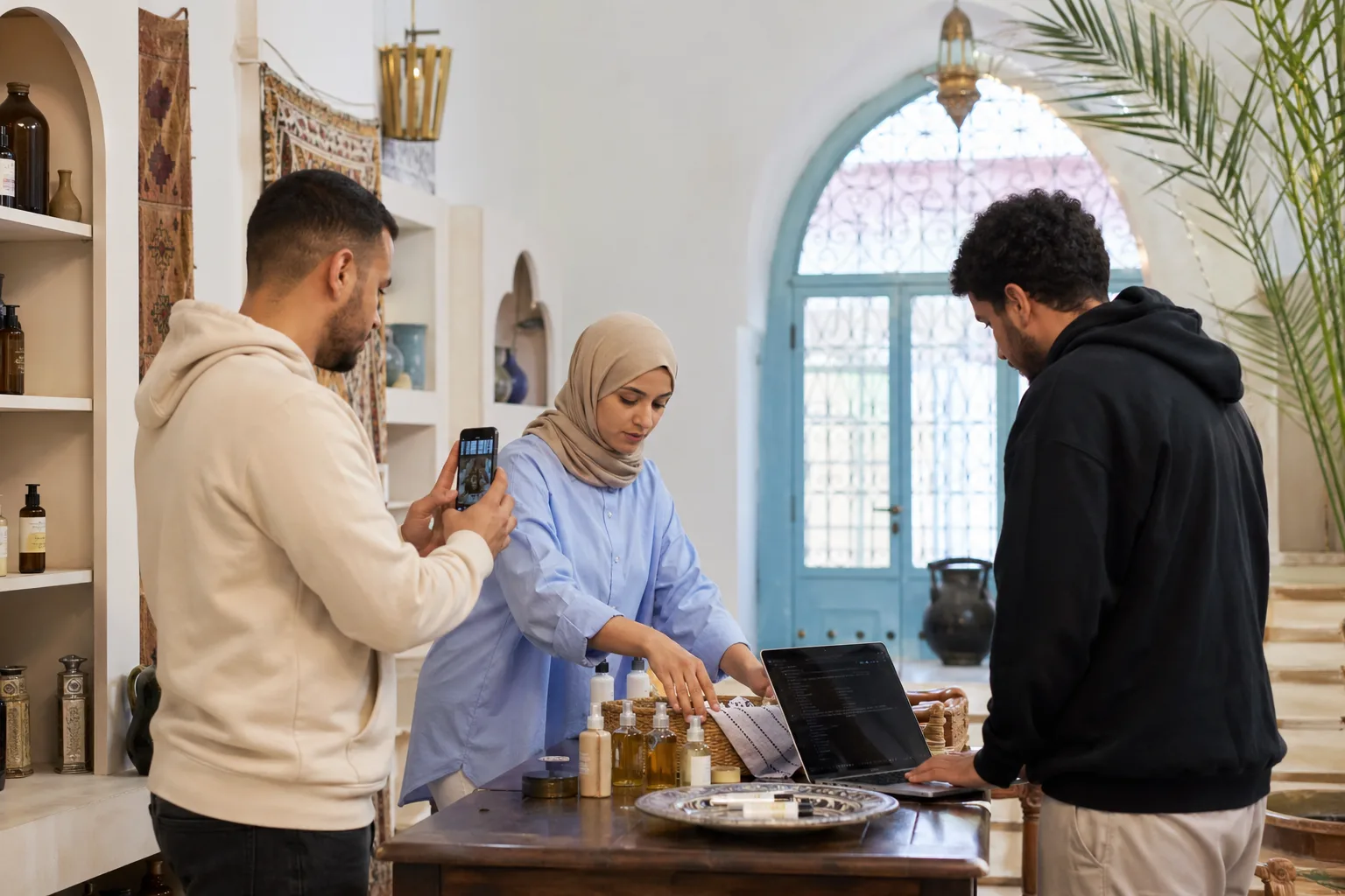 فريق يسجل محتوى قصيرًا للمنتجات في مساحة عمل حديثة.