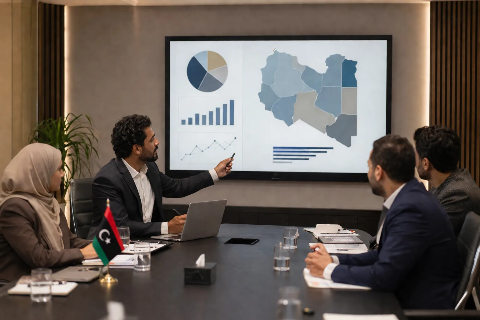 فريق تسويق وعميل يراجعان أداء الحملة على شاشة في اجتماع عمل.