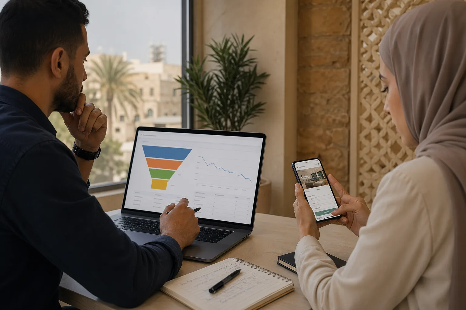 عميل يحاول إكمال حجز خدمة على هاتف مع مؤشرات على بطء الصفحة أو غموض زر الإجراء.