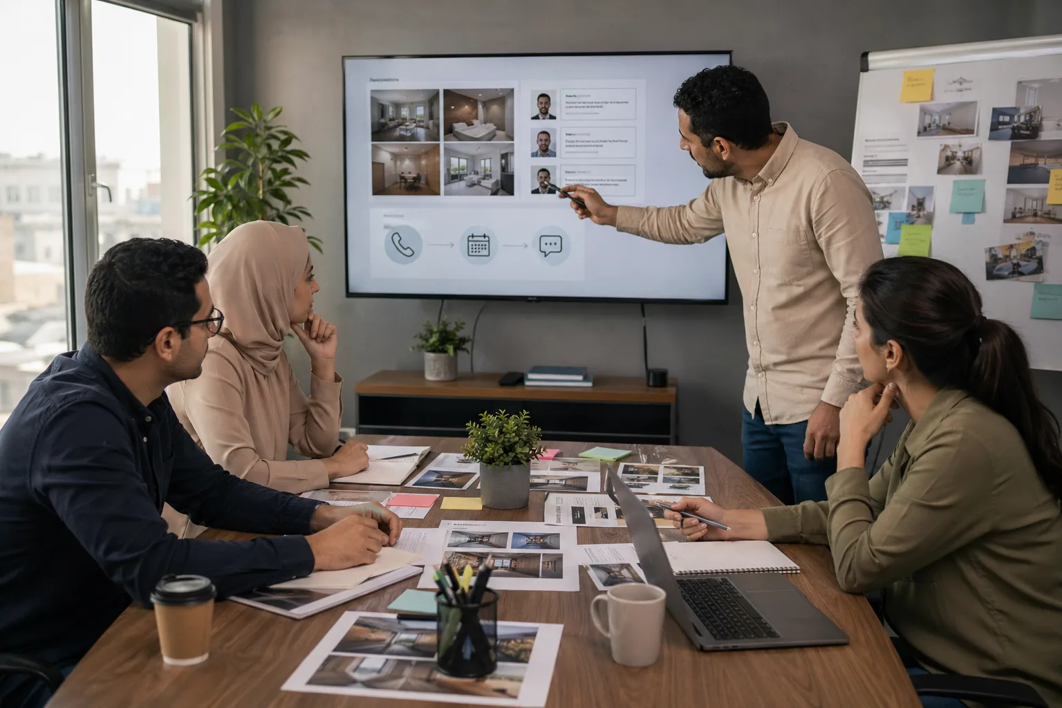 فريق عمل ليبي يرتب عناصر الثقة مثل الشهادات والصور وخطوات المتابعة على طاولة اجتماع.