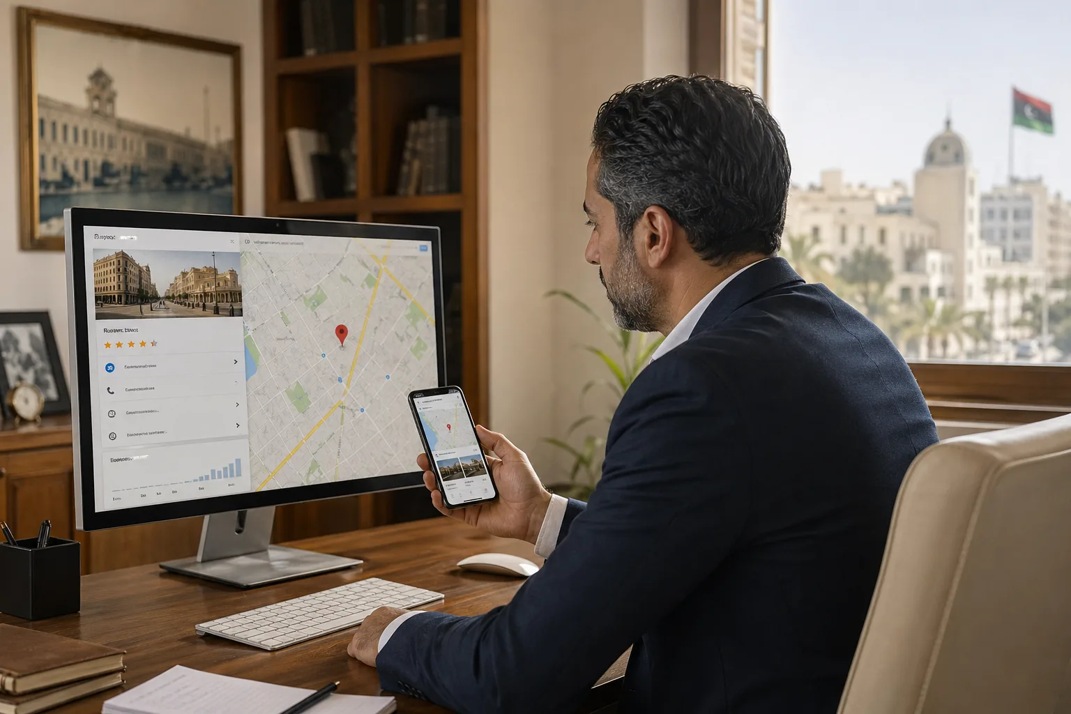 مدير يراجع ظهور نشاط على خرائط Google والمراجعات وتفاصيل الاتصال على حاسوب محمول.