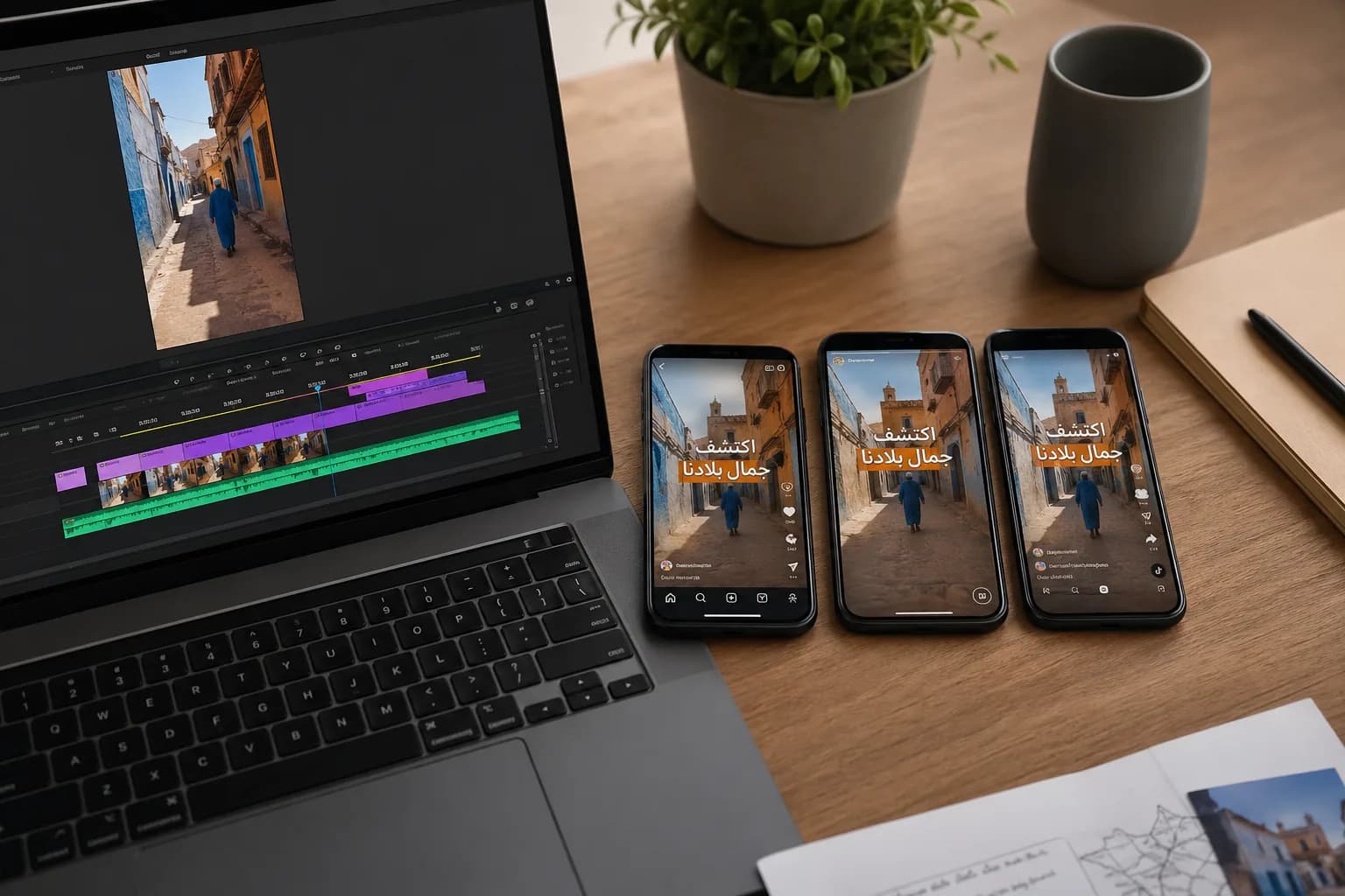شاشات هاتف تعرض نسخاً مختلفة من أصل فيديو قصير بجانب حاسوب تحرير.