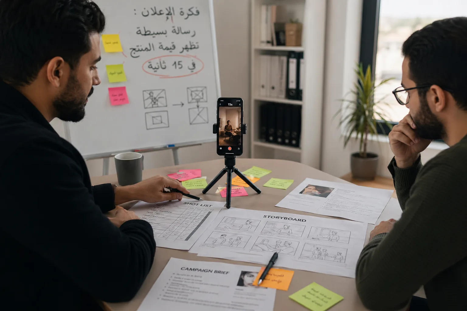 استراتيجي وعميل يقارنان خطافين لإعلان قصير على حاسوب وهاتف قبل تصوير أوسع.