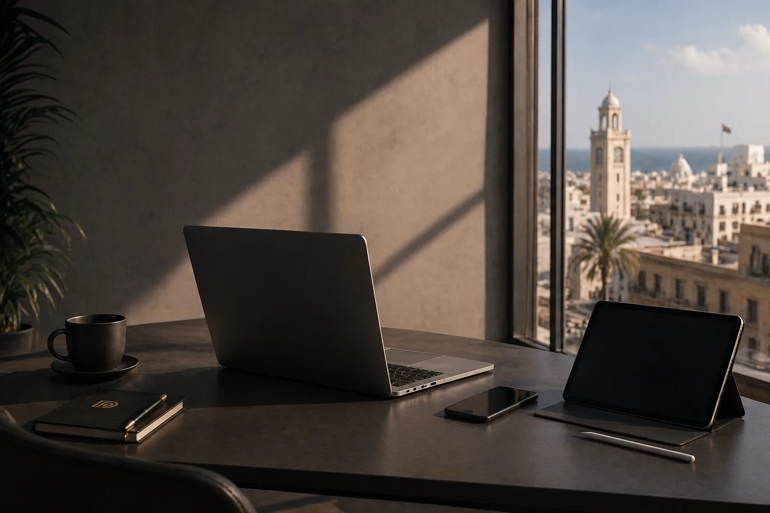 مساحة عمل تسويقية مع حاسوب محمول وجهاز لوحي وهاتف على طاولة وإضاءة دافئة وإطلالة على مدينة ساحلية على البحر المتوسط.